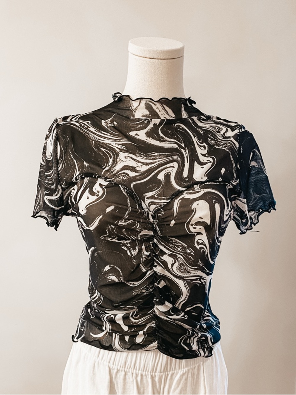 Caution To The Wind Black & White Swirl Short Sleeve Top